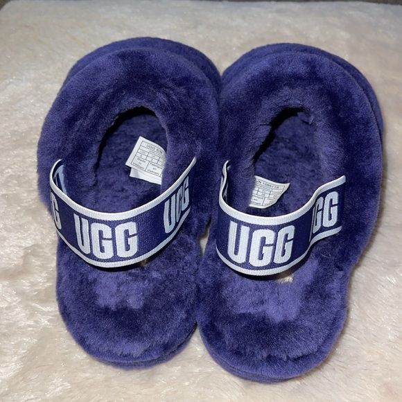 UGG Woman’s Fluff Yeah Sheepskin Slides Medallion Purple Elastic Strap size 5 - Picture 3 of 11